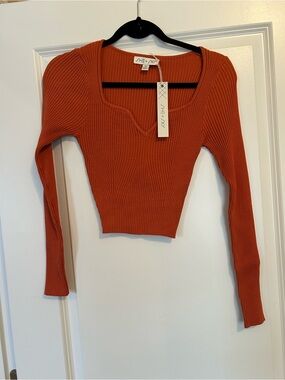 She + Sky Ribbed Square Neck Crop Top - Rust
